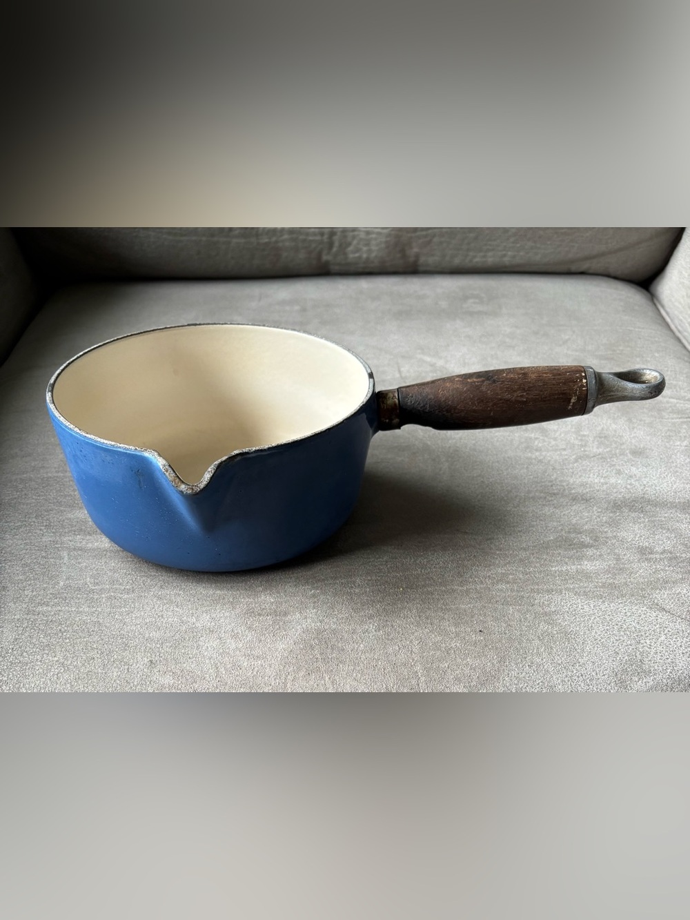 VTG Le Creuset Blue Enameled Cast Iron Saucepan Pot Wood Handle #16 NO LID